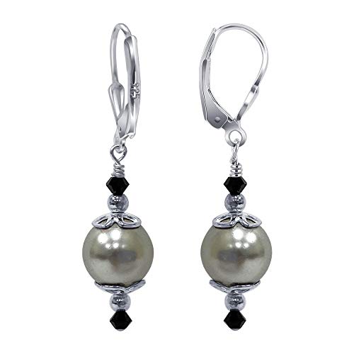 925 Sterling Silver Grey Faux Pearl and Austrian Crystals Handmade Drop Earrings for Women