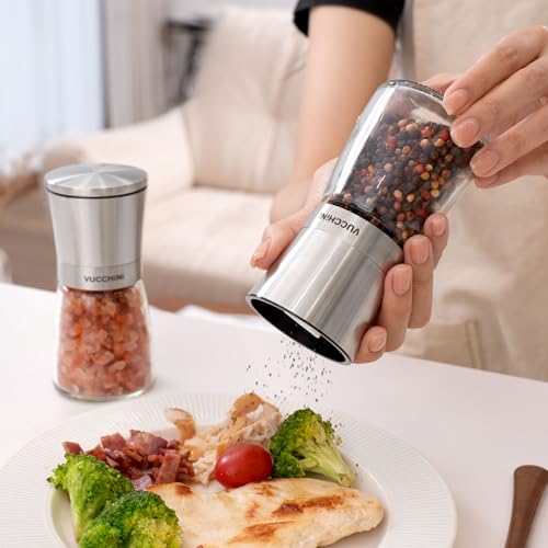 Image of Salt and Pepper Grinder Set - Adjustable Stainless Steel Spice Ceramic Grinders Mill Shaker for Kitchen Table - Stainless Steel color