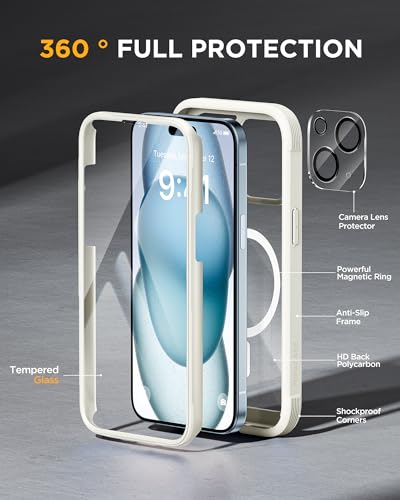 Image of Miracase Magnetic for iPhone 15 Plus Case 6.7'' [Compatible with Magsafe] Full-Body Military Drop Proof 15 Plus Phone Case Cover with Built-in 9H Tempered Glass Screen Protector,Magnetic White