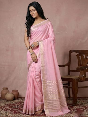 Image of Satrani Women's Cotton Silk Weaving Border Saree with Unstitched Blouse Piece