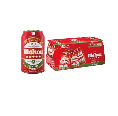 Mahou 5 Estrellas Sin Gluten, Pack Cerveza 8 Latas x 33cl, Cerveza Dorada Especial Sin Gluten, 5.5% Vol. Alcohol