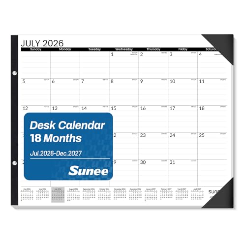 SUNEE Desk Calendar 2026 Large 22x17 from July 2026 to December 2027, Extra Large Desktop Monthly Calendar Pad 18 Months For Teacher or Office, Desk Top, Black Minimalism