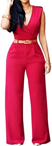 Pink Queen Women's Casual V Neck Long Pants Club Jumpsuits Rompers L Red