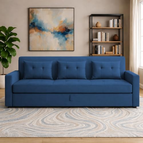 Image of Emilio 3 Seater Pull-Out Sofa Cum Bed (Blue Color) Premium Fabric Sofa Set for Living Room | Bedroom