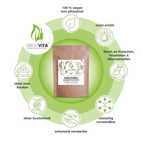 GreatVita Mandelmehl, 1000g | naturbelassen & blanchiert | feines Mehl aus gemahlenen Mandeln - ideal für Low-Carb Küche, Backen & Panieren | reich an Proteinen & Ballaststoffen, vegan