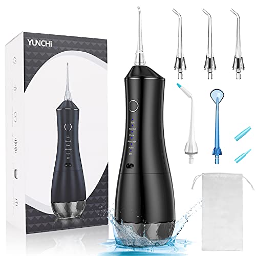 YUNCHI Rechargeable Cordless Water Flosser, 320ML Portable Travel Teeth Cleaner with 6 Modes 8 Jet Tips, Waterproof Dental Oral Irrigator for Teeth Cleaning, Gums, Braces, Dental Care, Black