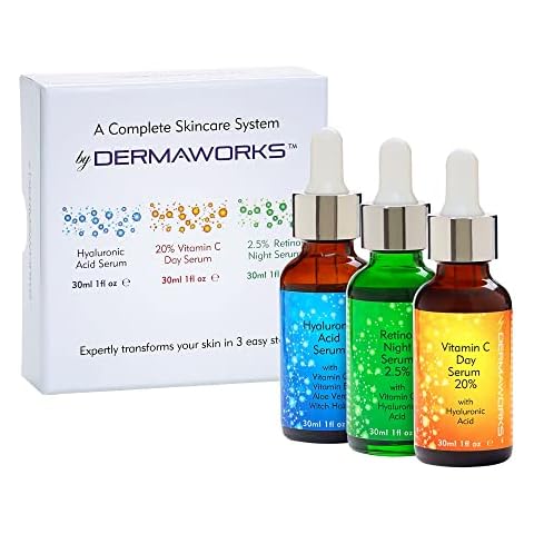 DERMAWORKS 3 Serum Skincare Gift Set - Retinol High Strength, 20% Vitamin C and Hyaluronic Acid. Anti-aging - Anti-wrinkle - Pro Collagen Firming - Brightening Cover