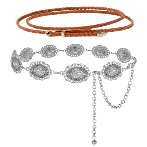 2PCS Western Concho Chain Belt for Women Cowgirl Belt Waist chains Belt for Country Concert Outfit Dresses Jeans