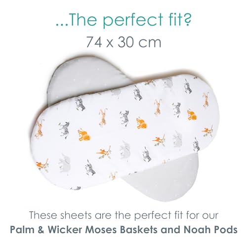 Clair de Lune Jungle Dream 2 Pack Fitted Moses Basket Sheets - 74 x 30 cm, White and Grey - Image 2