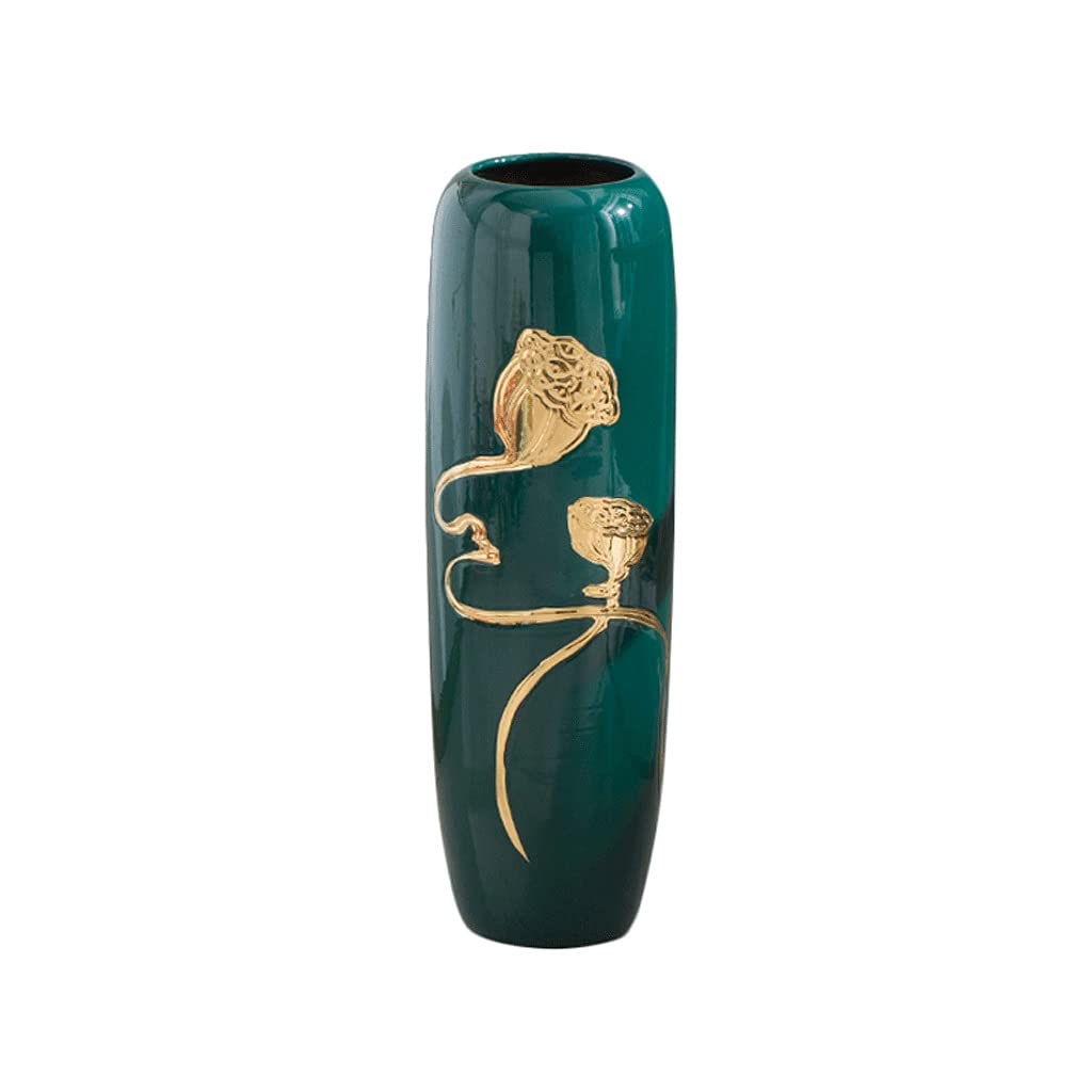 SnamicE Living Room Floor Vase Large Ceramic Dried Flower Decoration Ornaments Simple Embossed Flower Arrangement Vase Green Floor Ornaments Light Luxury,