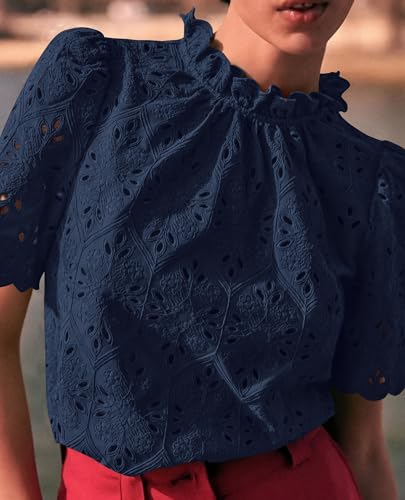 PRETTYGARDEN Womens Summer Tops 2025 Trendy Short Sleeve Eyelet Embroidered Dressy Casual Blouse Shirts4