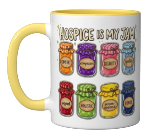 Hospice Is My Jam Colorful Jars Palliative Nurse Ceramic Mug, Yellow/White