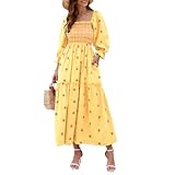 ABYOVRT Women Floral Embroidered Maxi Dress Long Puff Sleeve Square Neck Bohemian Flowy Dress with Pockets Summer Fall (Yellow,S)