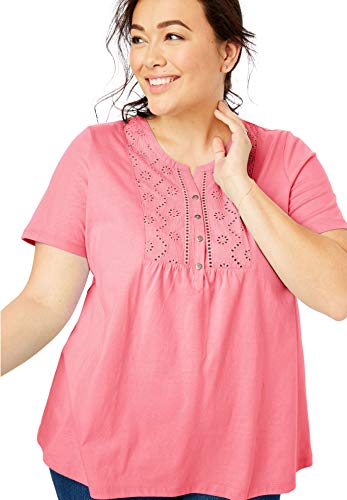 Woman Within Women's Plus Size Eyelet Bib Henley Tee - 1X, Tea Rose