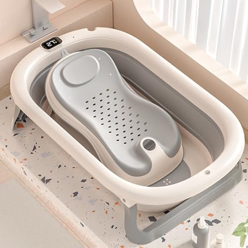 Foldable Temperature Sensing Bathtub with Seat Stable and Anti Slip Sitting Lying Large Safe Multifunctional Bathtub with Drain Hole for Newborn Kids Child Toddlers (Gray)
