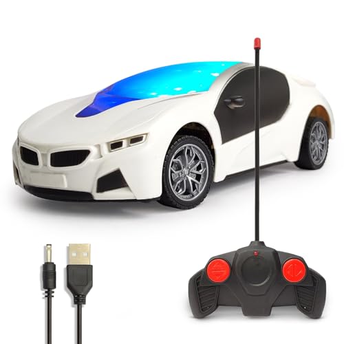 Image of 3D LED High Speed Rechargeable Remote Control Car for Kids, RC Racing Vehicle with Bright Lights, 2 AA Battery Controller (White)