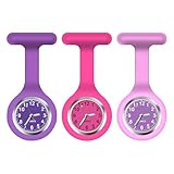 AGEN KGEN 3Pack Retractable Nurse Watch for Nurses Doctors Cute Flowers Clip-on Hanging Lapel NurseWatch with Second Hand,Silicone Cover Brooch Fob Pocket Badge Reel (Purple＆Light Purple＆Rose Red)