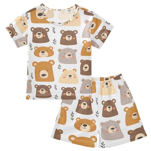 ALAZA Bear Leaf Cute Pajamas Set Short Sleeve Cotton Sleepwear Summer Pjs 2 Piece 5-14Y