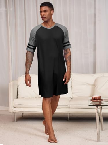 Runcati Mens Nightshirt Short Sleeve V Neck Nightgown Color Block Loose Fit Comfy Lounge Pajama Sleepwear4