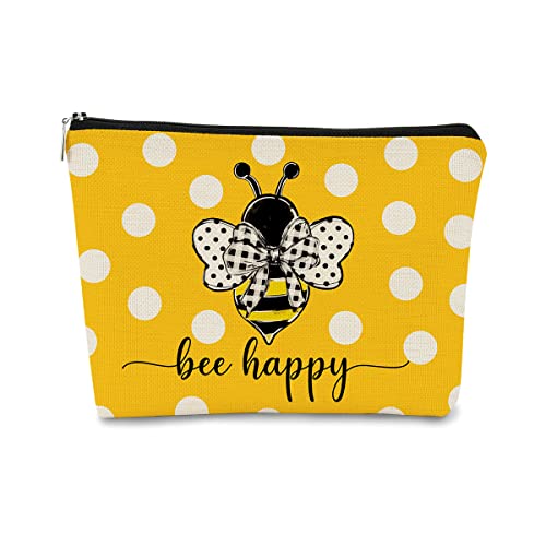 Bee Gift - Bee Themed Gifts for Women Yellow Cute Makeup Bag, Bee Happy Inspirational Bow Dots Honey Bumble Cosmetic Bag Zipper Travel Toiletry Bag, Christmas Birthday Gift for Teen Girls Women