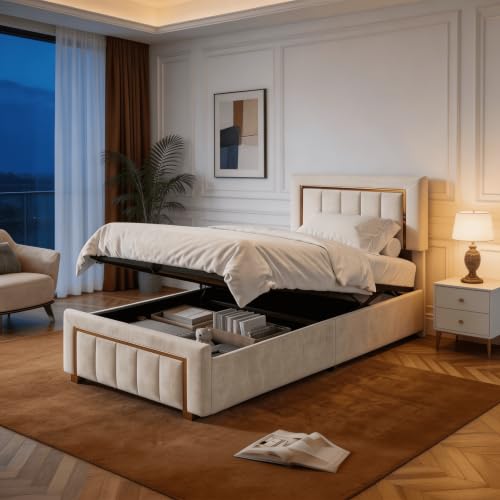 Image of HYNHXBP 3FT Single Ottoman Bed Frame 90 x 190 cm, Hydraulic Lift-Up Storage Bed with Adjustable Velvet Headboard, Gold Trim, Wooden Slats, 250 kg Capacity, Cream White