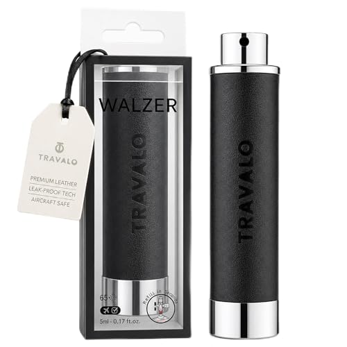Travalo Walzer Refillable Perfume Atomizer - Pocket-Size Leak-Proof Glass-Free Spray Bottle Safe for Air Travel - Mini Perfume Bottle with Black Leather Cover