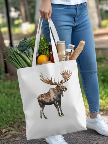Canvas Tote Bag, Grey Vintage Moose Aesthetic Canvas Tote Handbags for Women Shoulder Bag, Retro Animals Elk4