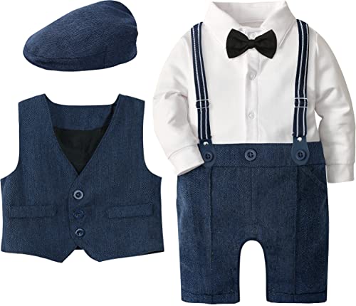 Image of A&J DESIGN 4pcs Baby Boys Suit, 3 Months - 18 Months, Gentleman Romper & Vest & Berets Hat & Bow Tie