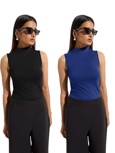Image of KOTTY Women's Sleeveless High Neck Ribbed Tank Top Combo Pack of 2 Stylish Casual & Office Wear Tops
