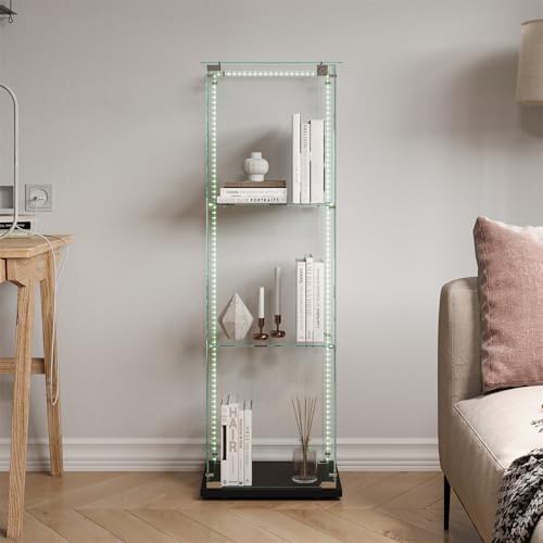 ZSSWSS Vitrine aus Glas mit LED, Ausstellungsvitrine mit 3 Glasablagen, moderne Vitrine für Wohnzimmer mit 1 Tür und Schloss, Vitrine für Sammler (Schwarz, 3 Etagen 1 Tür+LED-B)