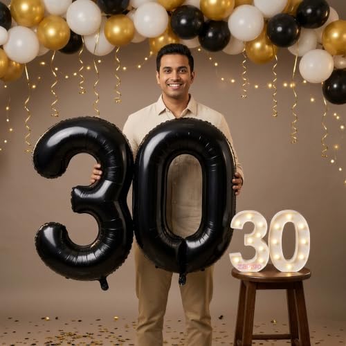 Image of Balloonistics Black 40-Inch Foil Number 30 Balloon with Matching LED Marquee Light - Combo Set for 30th Birthday, Anniversary, Party Decoration, Photo Booth Backdrop, Cake Table Decor