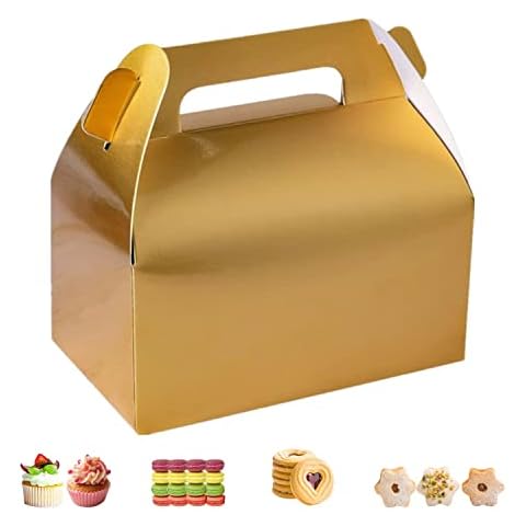 GUIFIER 25 Pack Gold Party Favour Boxes, Small Goodie Gift Boxes, Gable Gift Boxes Paper Candy Treat Boxes with Handles, Cookie Gift Boxes, Bakery Boxes, Picnic Boxes for Wedding Birthday Baby Shower Cover