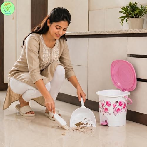 Image of Heavy Duty Virgin Plastic Large Capacity 20L Bucket, 5L Bucket, Stool, 22L Deep Tub, Dustbin,1.5L Mug,1L Mug, Soap Case, Dustpan, Tooth Brush Stand Bathroom Set(White-Pink) - 10 Pieces