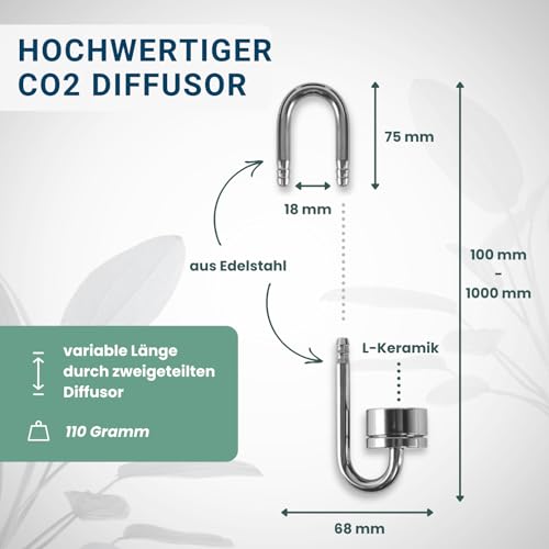 Q-Grow CO2 Diffusor Aquarium aus Edelstahl, mit wechselbarer Keramikscheibe, inkl. 2m Schlauch - Variable Länge
