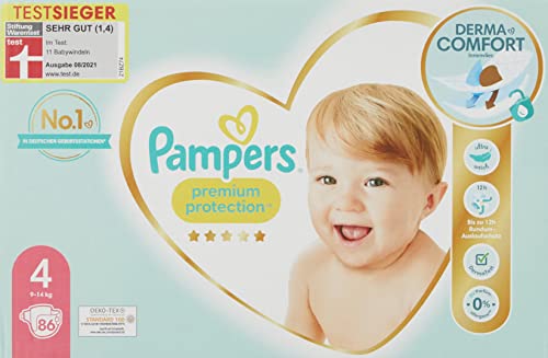 Pampers Pañales para bebé, talla 4 (9-14 kg), protección superior, maxi, 86 unidades, máxima comodidad, protección para pieles sensibles.
