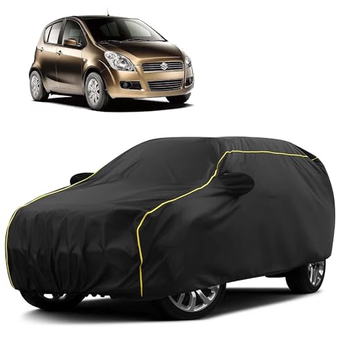 Image of Sulfar 100% Water Resistant Car Body Cover Compatible with Mirror for Maruti Suzuki Ritz (Triple Stitched, Full Bottom Elastic, Black Taffeta with Yellow Piping)