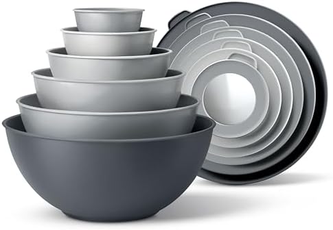 COOK WITH COLOR Mixing Bowls Set with TPR Lids - 12 Piece Plastic Nesting Bowls Set includes 6 Prep Bowls and 6 Lids, Microwave Safe (Grey)