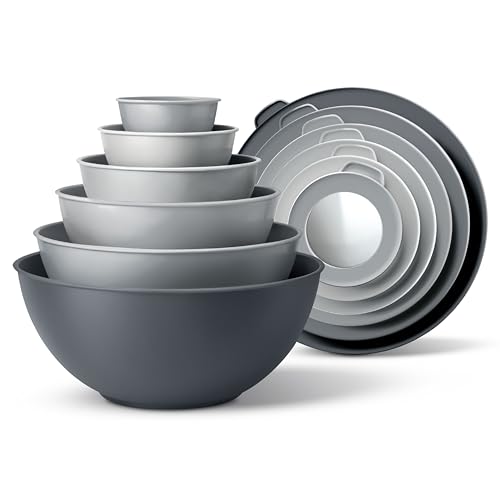 COOK WITH COLOR Mixing Bowls Set with TPR Lids - 12 Piece Plastic Nesting Bowls Set includes 6 Prep Bowls and 6 Lids, Microwave Safe (Grey) by COOK WITH COLOR - Used condition - US$21.01