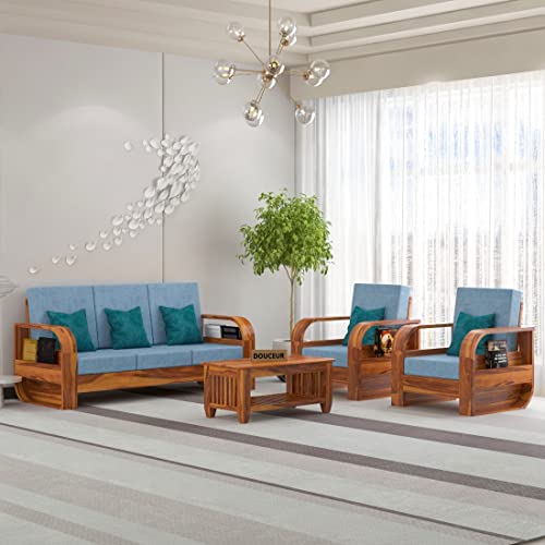 Image of Douceur Furnitures Solid Sheesham Wood 5 Seater Sofa | Five Seater Sofa Set with Coffee Table for Living Room, Cafe, Office | (Honey Teak Cushion Sky Blue)