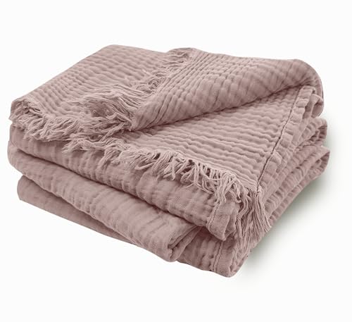 DerF HOME Muslin Decke Fleischrosa 150×200 cm – 4-lagige Baumwoll Decke mit Fransen, Muslindecke weich & waschbar bis 60 °C für Sofa, Bett &...