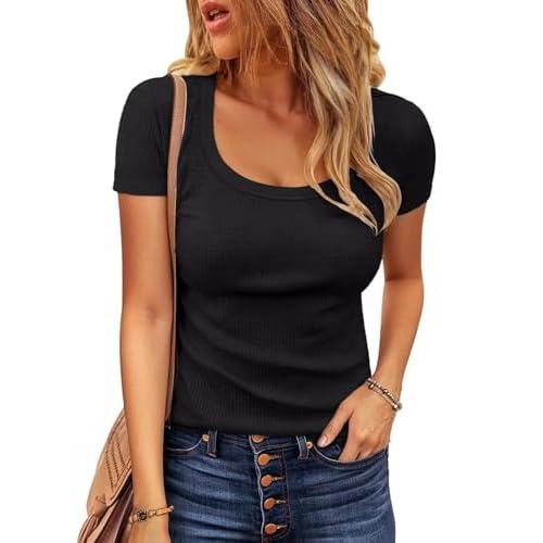 VICHYIE Womens Summer Short Sleeve Tops Square Neck Loose Tunics Henley Casual Shirt Tee Tshirt Medium Black