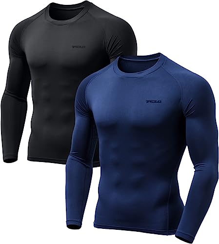 TSLA Men's Thermal Long Sleeve Compression Shirts, Athletic Base Layer Top, Winter Gear Running T-Shirt, 2pack Black/Navy, Large
