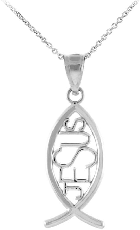 925 Sterling Silver Vertical Jesus Ichthus Charm Christian Fish Pendant Necklace