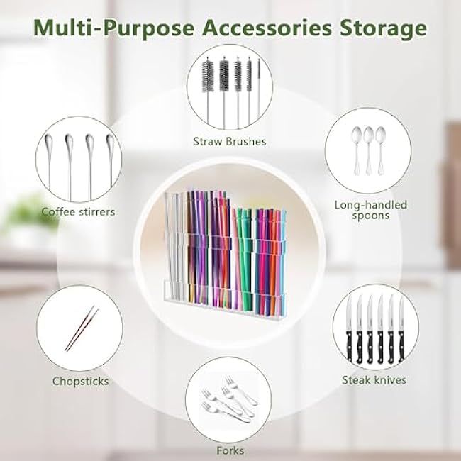 9.8¡± Acrylic Straw Organizer with Adhesive & Labels ¨C Clear Cabinet Door Storage Holder, 5-Section Kitchen Organizer for Reusable Straws & Utensils (Transparent)
