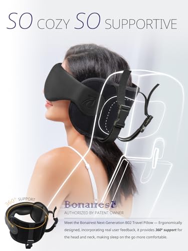 Image of Travel Pillow, Airplane Neck Pillow with 3D Eye Mask for Sleeping, Round Edge Plane Head Strap 360Headrest Support for Long Flight, Stop Bobblehead, Travel Essential for Car Road Trip Black