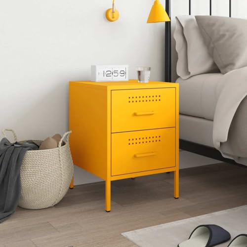 Table de chevet jaune moutarde en acier pour optimiser les petits espaces