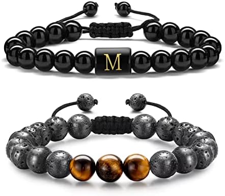 STORUP Initial Bracelets for Men, 8mm Tiger Eye Lava Rock Obsidian Stone Handmade Mens Jewelry Adjustable Bracelets Jewelry Meaningful Letter Mens Bracelet Gifts for Birthday Gifts for Men (M)