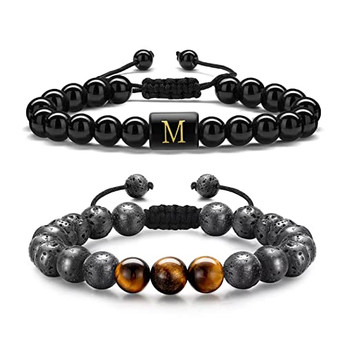 Storup Initial Bracelets For Men, 8Mm Tiger Eye Lava Rock Obsidian Stone Handmade Mens Jewelry Adjustable Bracelets Jewelry Meaningful Letter Mens Bracelet Gifts For Birthday Gifts For Men (M) #TOP21