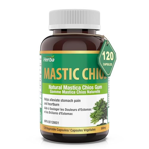 Herba Mastic Gum Capsules 500mg – 120 Capsules | Natural Mastica Chios Gum Supplement for Stomach Pain, Heartburn, and Gastro Relief | Made in Canada