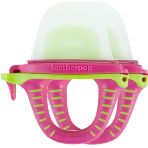 Teetherpop Fillable Silicone Teether for Babies (2-Pack) – Breastmilk Popsicle Molds for Teething w/Spill-Proof Sippy Slits – Baby Teethers for Liquid & Purée – Cooling Teething Relief (PinkLemon)